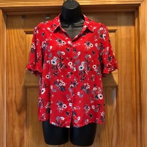 Rewind Red Floral Ruffle Sleeve Button Up Blouse